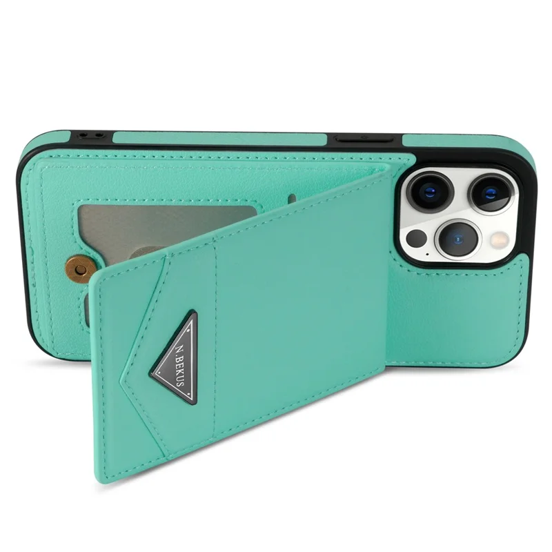 N.BEKUS For iPhone 14 Pro RFID Blocking PU Leather Coated TPU Phone Case Card Slots Kickstand Back Cover - Green