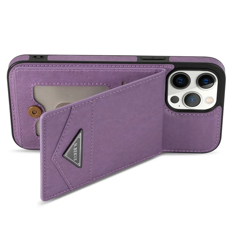 N.BEKUS For iPhone 14 Pro Max PU Leather+TPU Kickstand Cover RFID Blocking Card Holder Phone Case - Purple