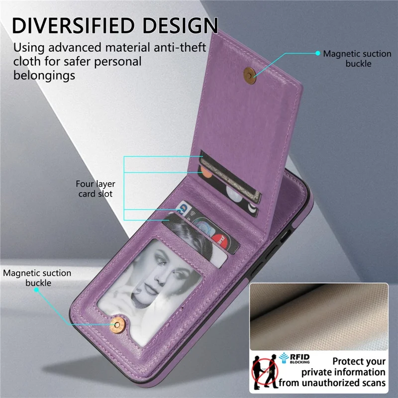 N.BEKUS For iPhone 14 Pro Max PU Leather+TPU Kickstand Cover RFID Blocking Card Holder Phone Case - Purple