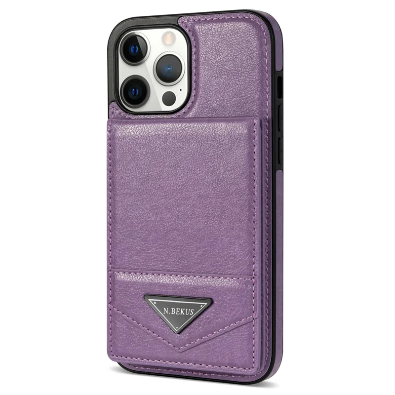 N.BEKUS For iPhone 14 Pro Max PU Leather+TPU Kickstand Cover RFID Blocking Card Holder Phone Case - Purple
