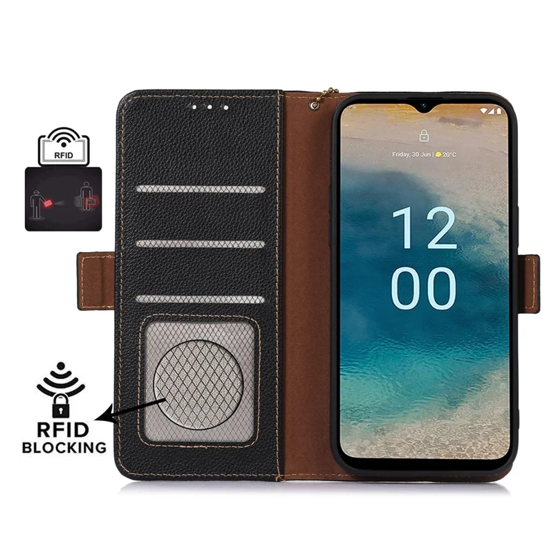 Pour Nokia G42 RFID Blocking Litchi Texture Phone Case Genuine Cow Leather Stand Wallet Cover - Noir