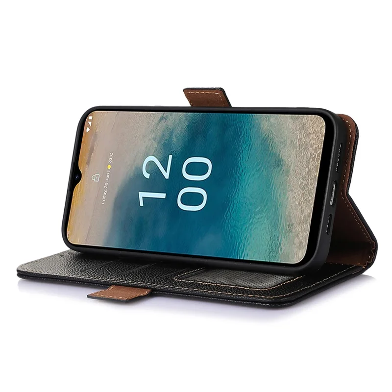 Pour Nokia G42 RFID Blocking Litchi Texture Phone Case Genuine Cow Leather Stand Wallet Cover - Noir
