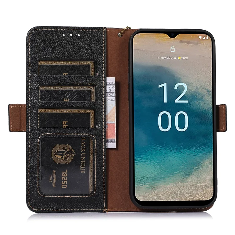 Pour Nokia G42 RFID Blocking Litchi Texture Phone Case Genuine Cow Leather Stand Wallet Cover - Noir