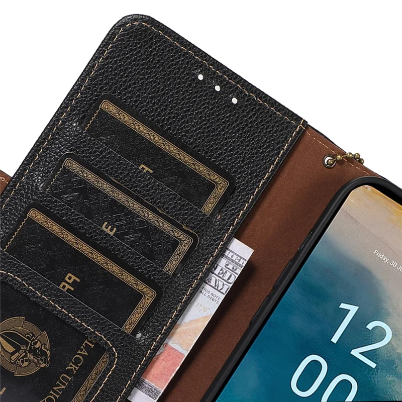 Pour Nokia G42 RFID Blocking Litchi Texture Phone Case Genuine Cow Leather Stand Wallet Cover - Noir