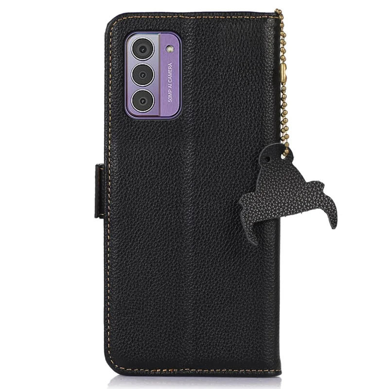 Pour Nokia G42 RFID Blocking Litchi Texture Phone Case Genuine Cow Leather Stand Wallet Cover - Noir