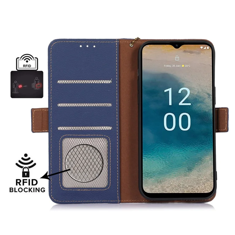 For Nokia G42 RFID Blocking Litchi Texture Phone Case Genuine Cow Leather Stand Wallet Cover - Sapphire