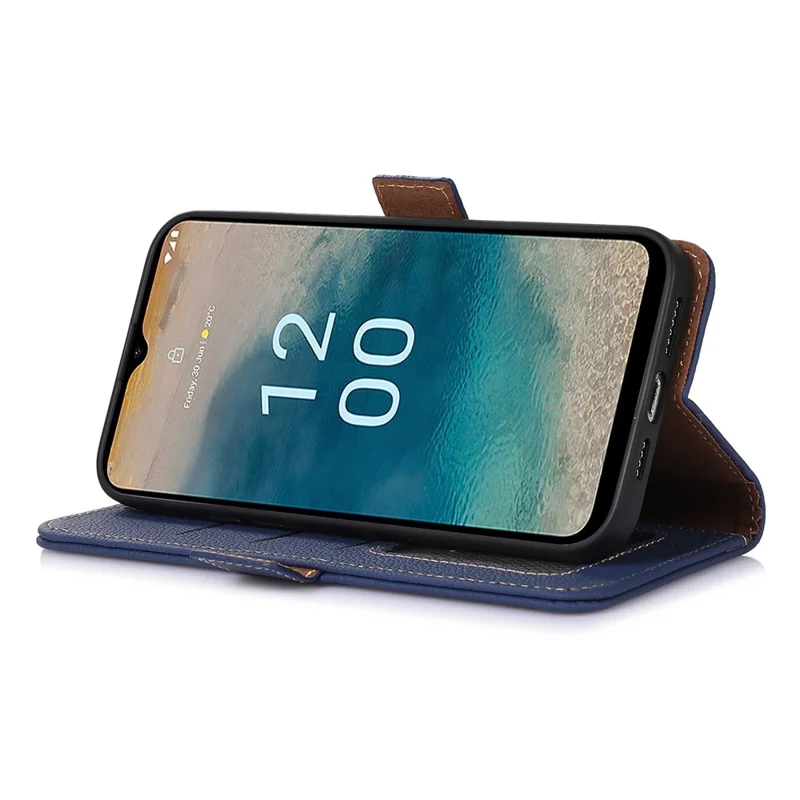 For Nokia G42 RFID Blocking Litchi Texture Phone Case Genuine Cow Leather Stand Wallet Cover - Sapphire