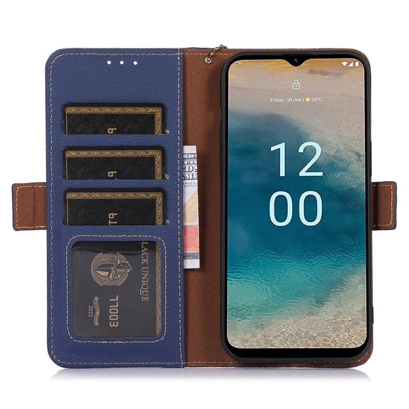 For Nokia G42 RFID Blocking Litchi Texture Phone Case Genuine Cow Leather Stand Wallet Cover - Sapphire