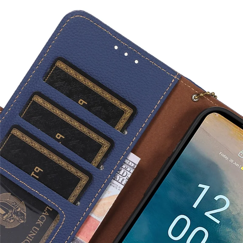 For Nokia G42 RFID Blocking Litchi Texture Phone Case Genuine Cow Leather Stand Wallet Cover - Sapphire