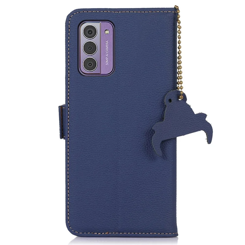 For Nokia G42 RFID Blocking Litchi Texture Phone Case Genuine Cow Leather Stand Wallet Cover - Sapphire