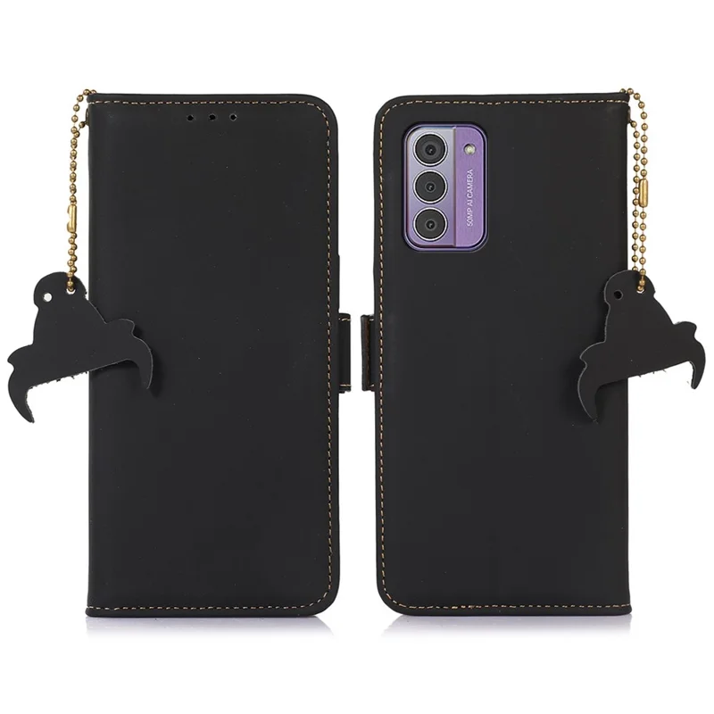Per Nokia G42 RFID Blocking Wallet Stand Phone Case Silky Feeling Genuine Cow Leather Protective Cover - Nero