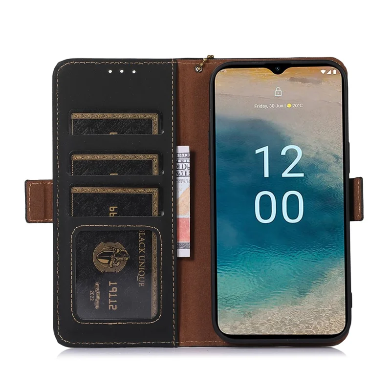 Per Nokia G42 RFID Blocking Wallet Stand Phone Case Silky Feeling Genuine Cow Leather Protective Cover - Nero