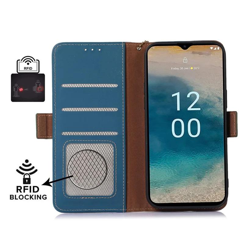 For Nokia G42 RFID Blocking Wallet Stand Phone Case Silky Feeling Genuine Cow Leather Protective Cover - Blue