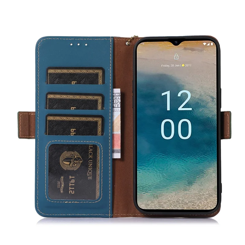 For Nokia G42 RFID Blocking Wallet Stand Phone Case Silky Feeling Genuine Cow Leather Protective Cover - Blue
