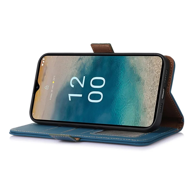 For Nokia G42 RFID Blocking Wallet Stand Phone Case Silky Feeling Genuine Cow Leather Protective Cover - Blue