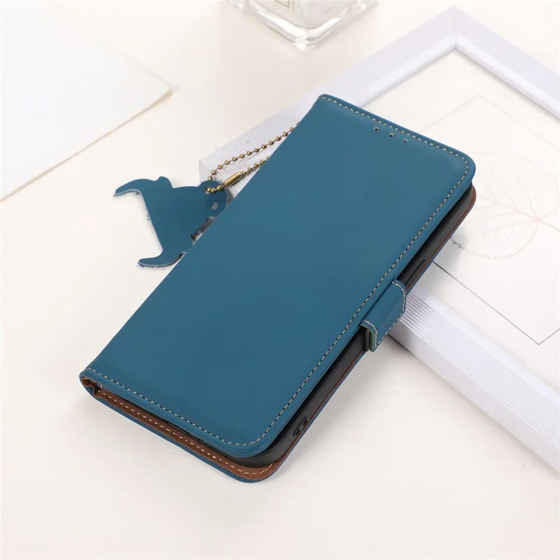 For Nokia G42 RFID Blocking Wallet Stand Phone Case Silky Feeling Genuine Cow Leather Protective Cover - Blue
