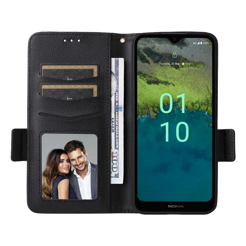 Anti-Scratch Phone Case for Nokia C110 Litchi Texture PU Leather Wallet Stand Cover - Black