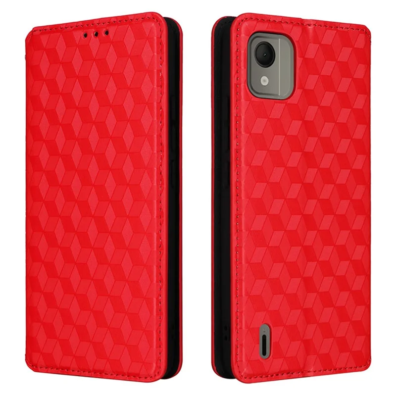 For Nokia C110 PU Leather Phone Cover Rhombus Imprinted Stand Flip Shell Wallet Case - Red