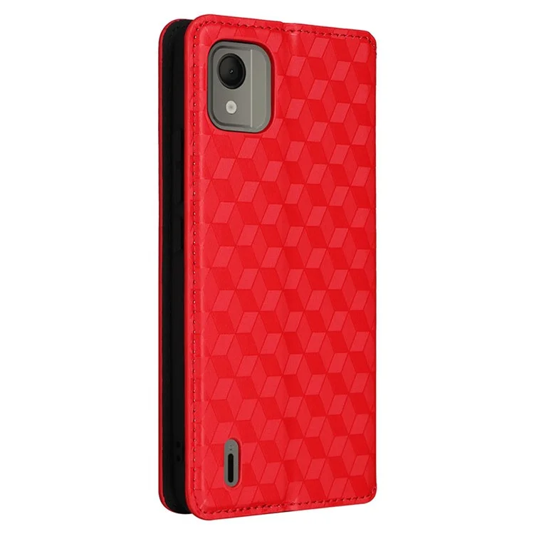 For Nokia C110 PU Leather Phone Cover Rhombus Imprinted Stand Flip Shell Wallet Case - Red