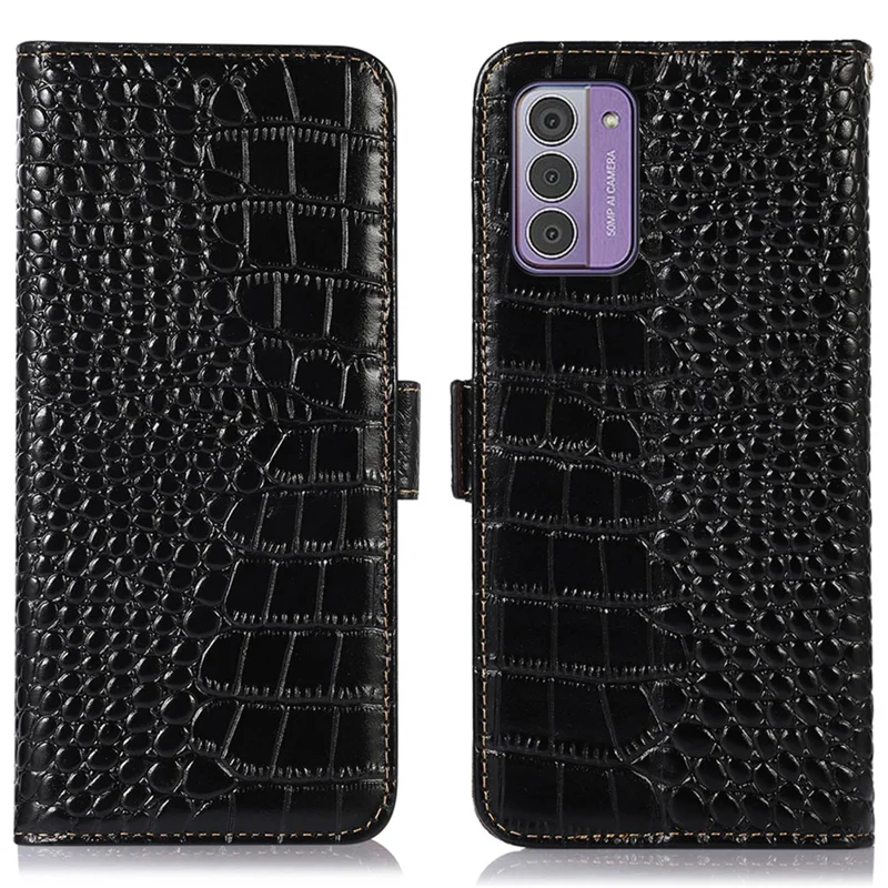 Für Nokia G42 Wallet Phone Case Echtes Kuhlederwallet mit Krokodilstruktur und RFID-Blockierung – Schwarz
