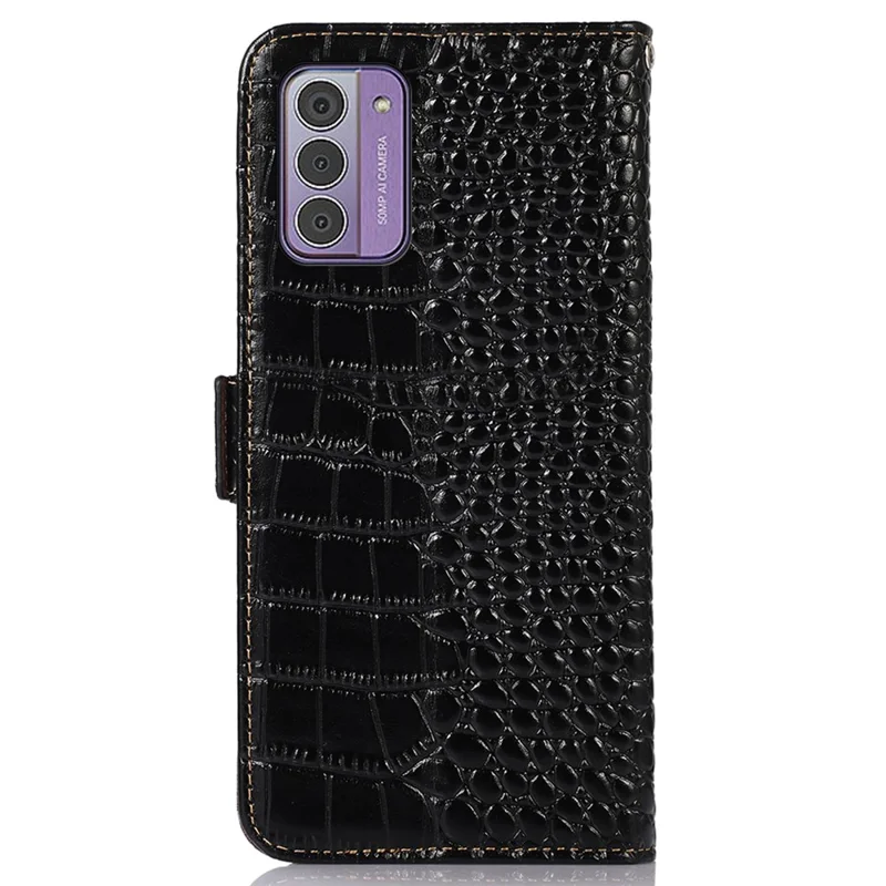 Für Nokia G42 Wallet Phone Case Echtes Kuhlederwallet mit Krokodilstruktur und RFID-Blockierung – Schwarz