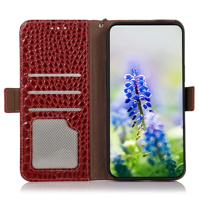 For Nokia G42 Wallet Phone Case Genuine Cow Leather Stand Crocodile Texture RFID Blocking Cover - Red