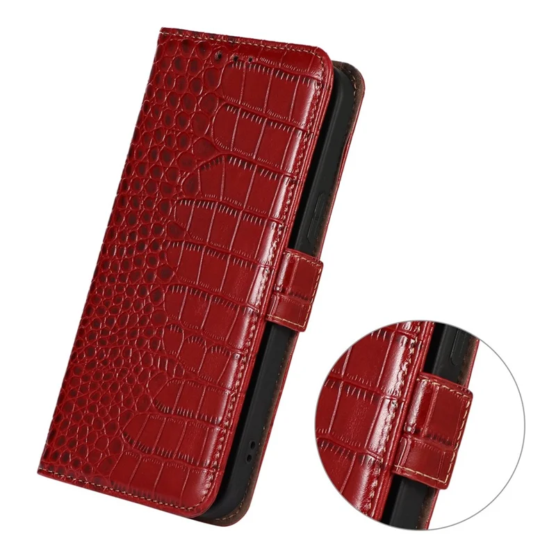 For Nokia G42 Wallet Phone Case Genuine Cow Leather Stand Crocodile Texture RFID Blocking Cover - Red