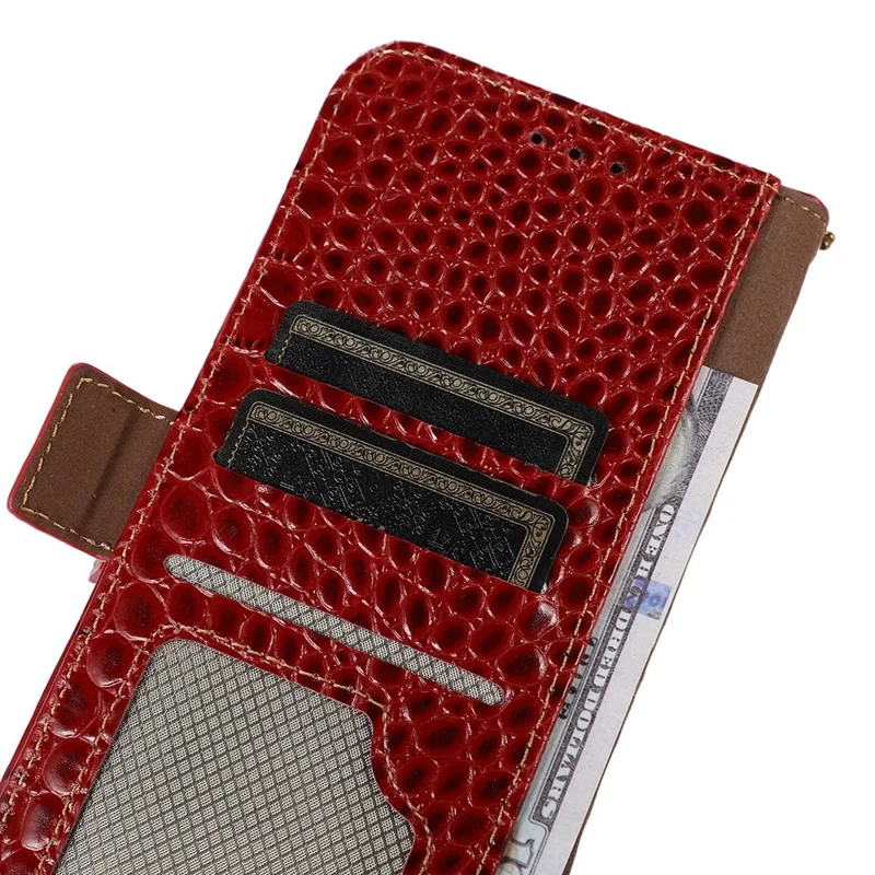 For Nokia G42 Wallet Phone Case Genuine Cow Leather Stand Crocodile Texture RFID Blocking Cover - Red