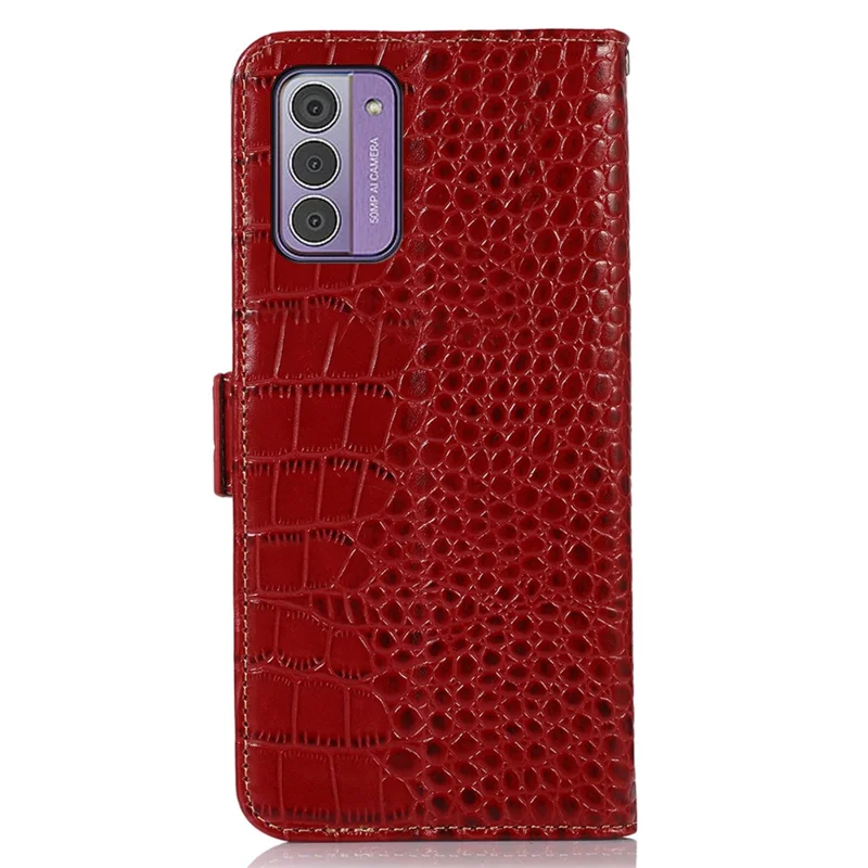 For Nokia G42 Wallet Phone Case Genuine Cow Leather Stand Crocodile Texture RFID Blocking Cover - Red