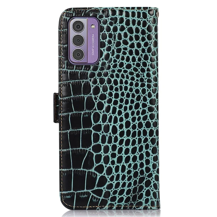 Per Nokia G42 Wallet Phone Case Genuine Cow Leather Stand Crocodile Texture RFID Blocking Cover - Green