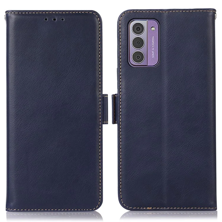 Per Nokia G42 RFID Blocking Wallet Stand Phone Cover Genuine Cow Leather + TPU Cell Phone Case - Blue