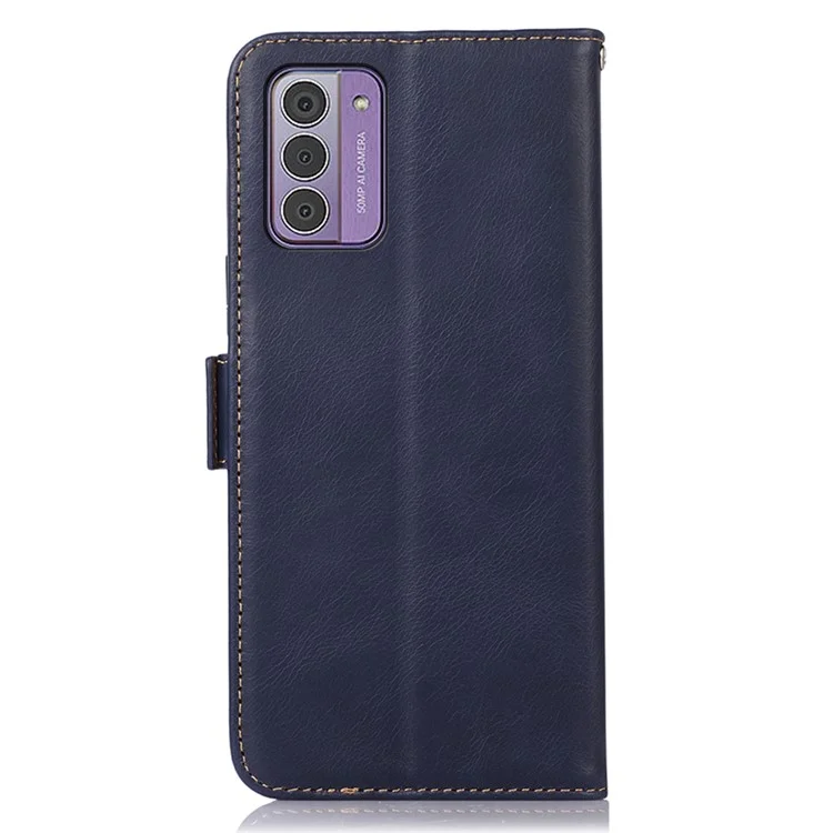 Per Nokia G42 RFID Blocking Wallet Stand Phone Cover Genuine Cow Leather + TPU Cell Phone Case - Blue