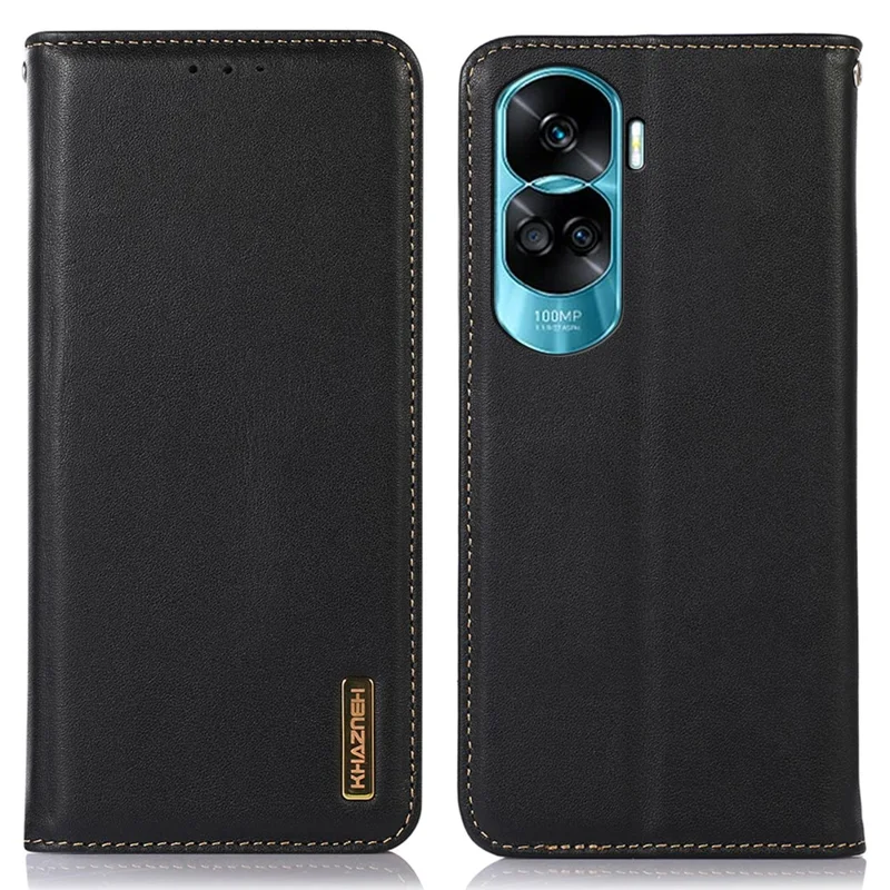KHAZNEH For Honor 90 Lite 5G / X50i 5G Чехол для телефона Genuine Cow Leather Stand Cover RFID Blocking Wallet Shell - Black