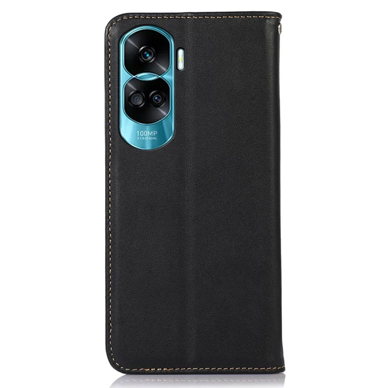 KHAZNEH For Honor 90 Lite 5G / X50i 5G Чехол для телефона Genuine Cow Leather Stand Cover RFID Blocking Wallet Shell - Black