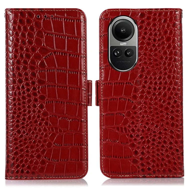Для Oppo Reno10 Pro 5G (Global) / Reno10 5G (Global) RFID Blocking Wallet Phone Case Genuine Cow Leather Stand Crocodile Texture Cover - Red