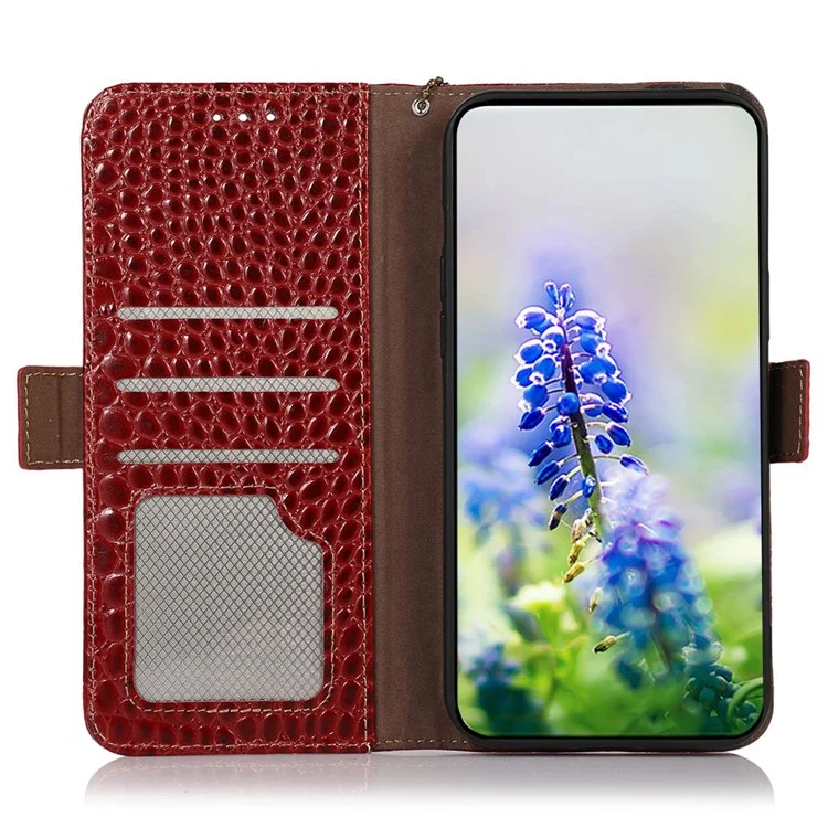 Для Oppo Reno10 Pro 5G (Global) / Reno10 5G (Global) RFID Blocking Wallet Phone Case Genuine Cow Leather Stand Crocodile Texture Cover - Red