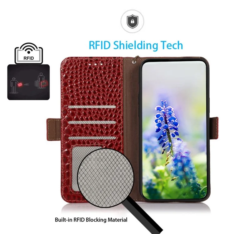Для Oppo Reno10 Pro 5G (Global) / Reno10 5G (Global) RFID Blocking Wallet Phone Case Genuine Cow Leather Stand Crocodile Texture Cover - Red