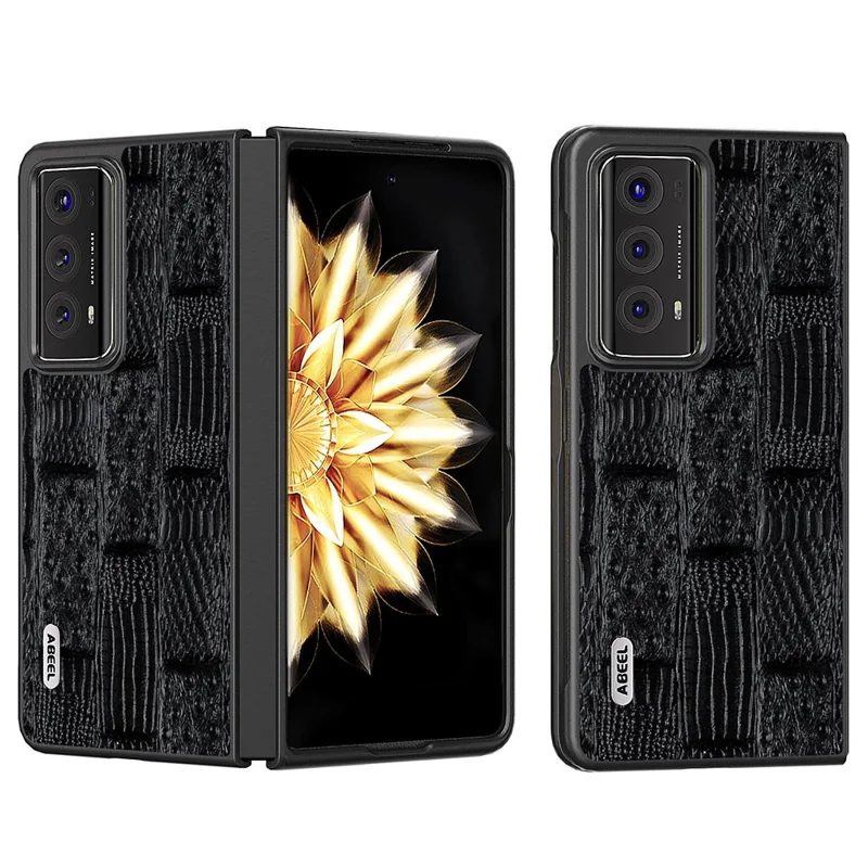 ABEEL Anti-Drop Phone Case per Honor Magic V2 5G Mahjong Texture Genuine Cow Leather+PC Cover - Nero