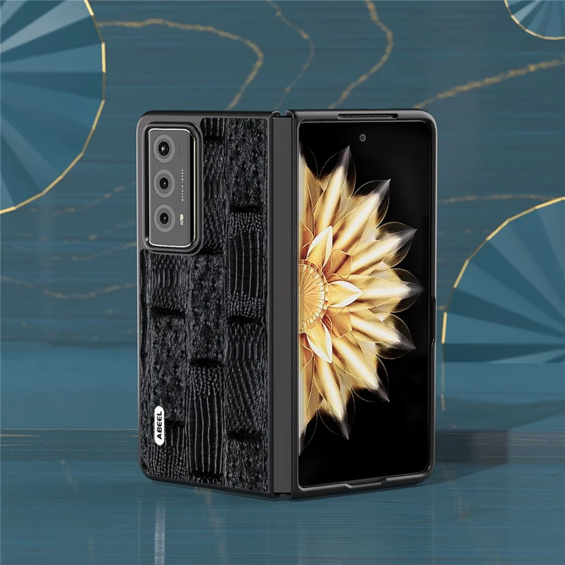 ABEEL Anti-Drop Phone Case per Honor Magic V2 5G Mahjong Texture Genuine Cow Leather+PC Cover - Nero
