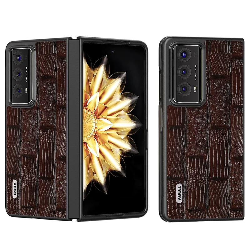 ABEEL Anti-Drop Phone Case for Honor Magic V2 5G Mahjong Texture Genuine Cow Leather+PC Cover - Brown