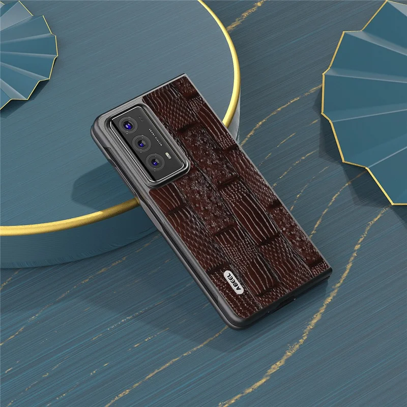 ABEEL Anti-Drop Phone Case for Honor Magic V2 5G Mahjong Texture Genuine Cow Leather+PC Cover - Brown