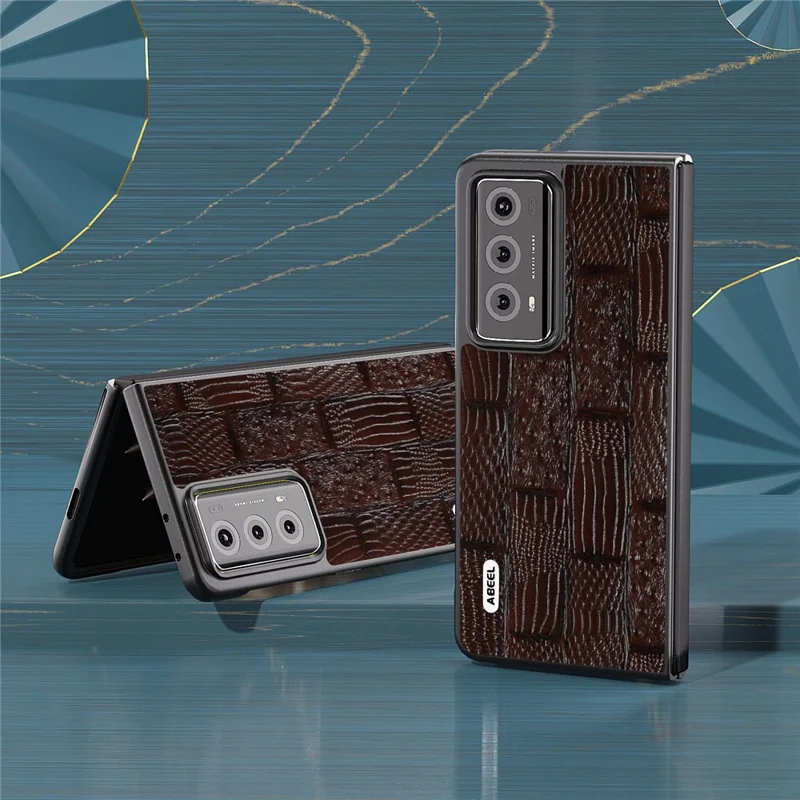 ABEEL Anti-Drop Phone Case for Honor Magic V2 5G Mahjong Texture Genuine Cow Leather+PC Cover - Brown