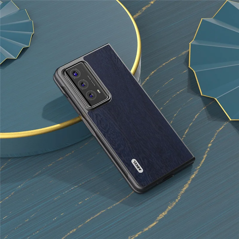 ABEEL For Honor Magic V2 5G Wood Grain Phone Case Anti-Scratch PU+PC Phone Cover - Blue