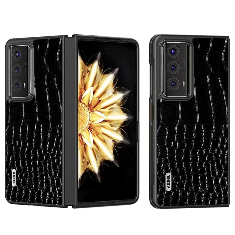 ABEEL For Honor Magic V2 5G Anti-Drop Phone Case Crocodile Texture Genuine Cow Leather+PC Cover - Schwarz