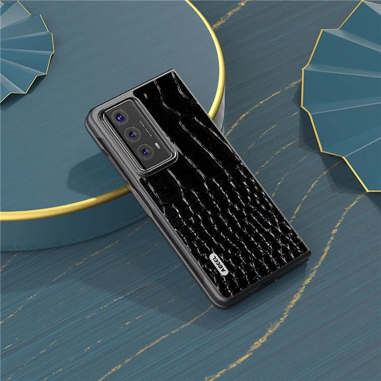 ABEEL For Honor Magic V2 5G Anti-Drop Phone Case Crocodile Texture Genuine Cow Leather+PC Cover - Schwarz