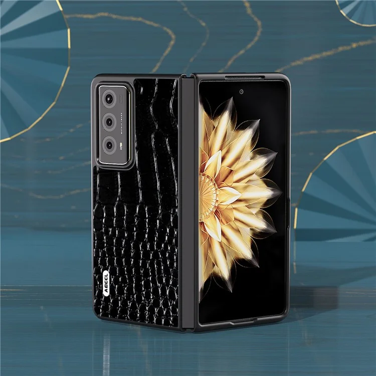 ABEEL For Honor Magic V2 5G Anti-Drop Phone Case Crocodile Texture Genuine Cow Leather+PC Cover - Schwarz