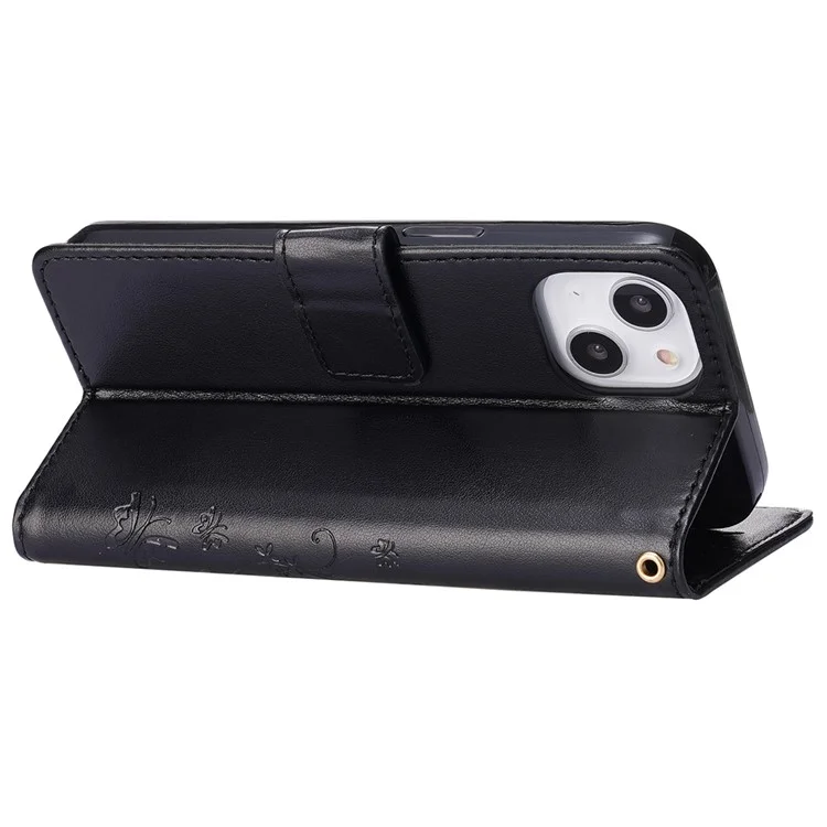 For iPhone 15 Imprinted Butterflies Mobile Phone  Stand Case PU Leather Wallet Shell with Strap - Black