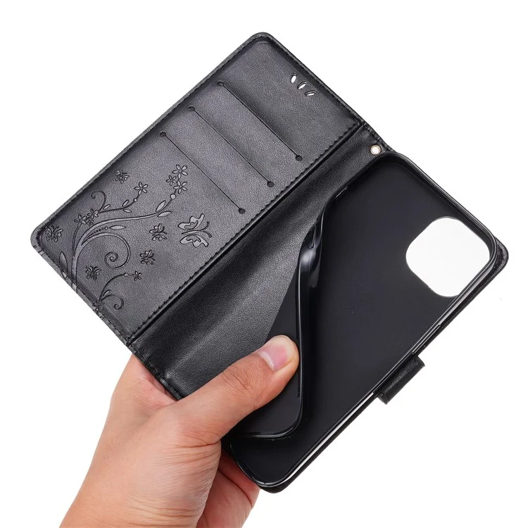 For iPhone 15 Imprinted Butterflies Mobile Phone  Stand Case PU Leather Wallet Shell with Strap - Black