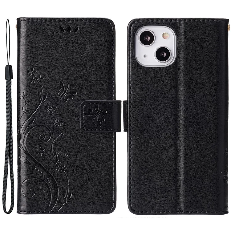 For iPhone 15 Plus PU Leather Wallet Cover Cell Phone Case Imprinted Butterflies Shell Stand with Strap - Black