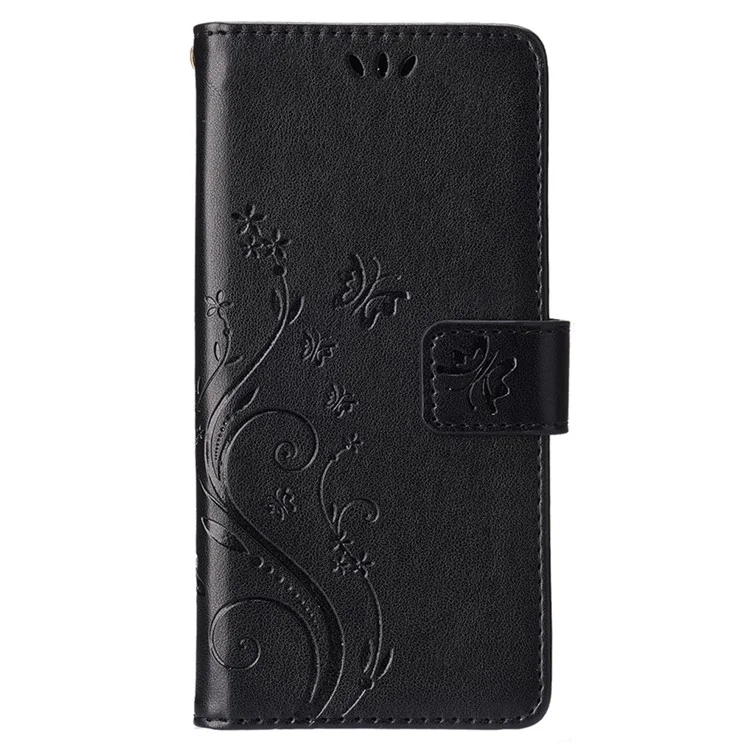 For iPhone 15 Plus PU Leather Wallet Cover Cell Phone Case Imprinted Butterflies Shell Stand with Strap - Black